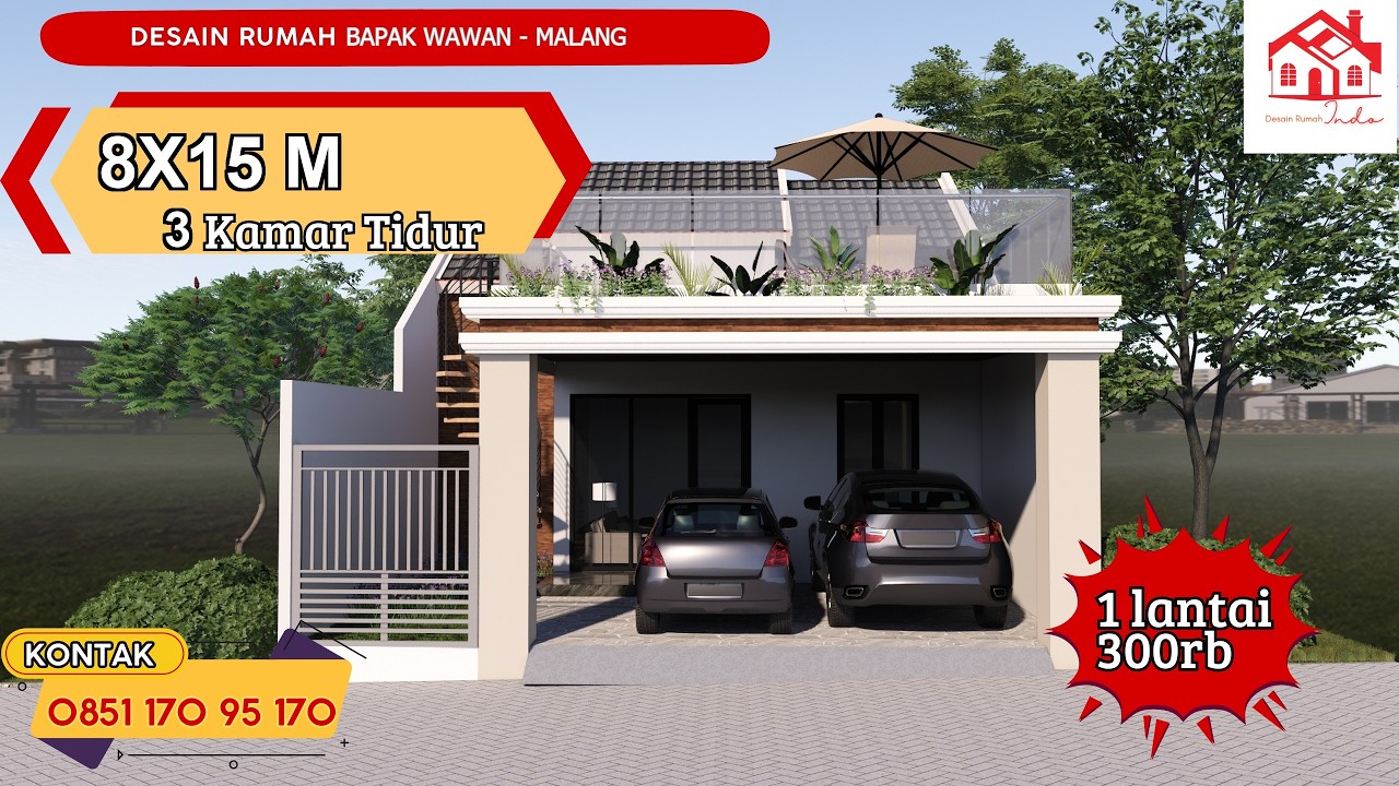 DESAIN RUMAH INDO MODEL MINIMALIS UKURAN 8 X 15M 1 LANTAI + ROOFTOP  (Bapak Wawan Malang)