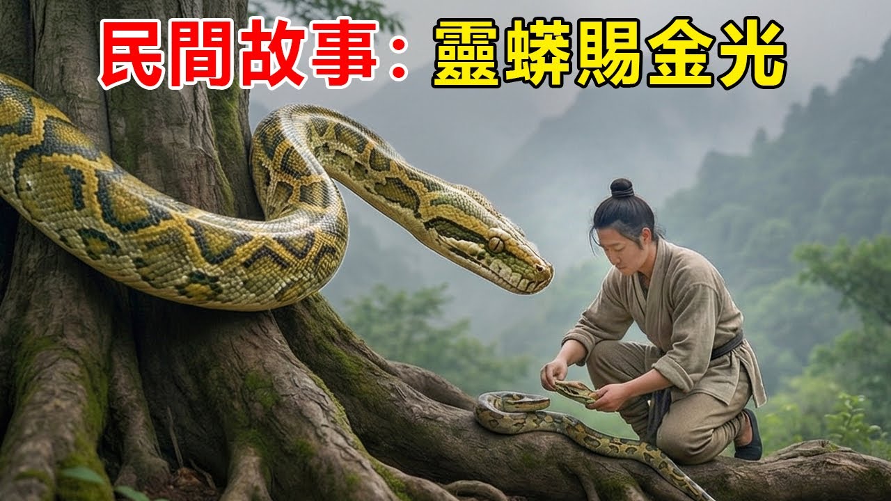 民間故事：鰥夫帶兒上墳，路遇大樹蟒蛇托子，好心救治受傷幼蛇。次日爺爺大壽，席間混入無腳白衣詭客索命，誰料群蟒破門而入，吐出金光護住全家