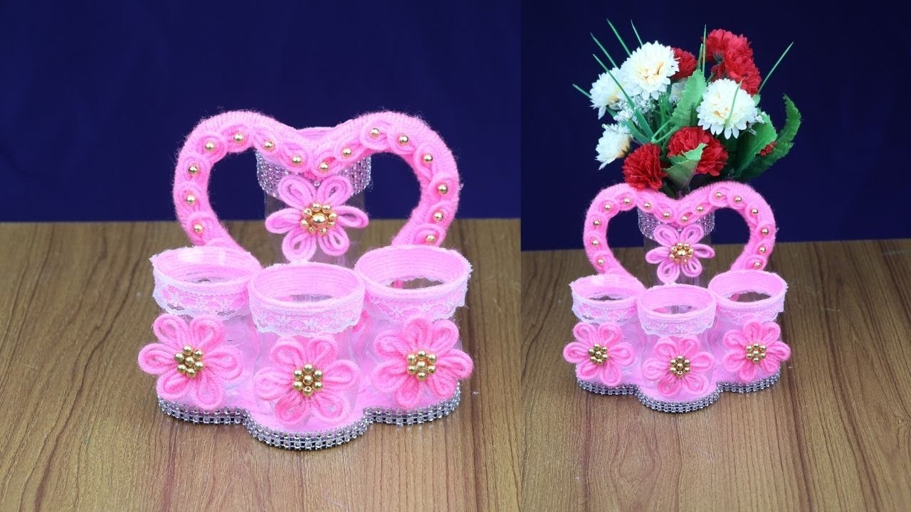DIY HOME DECOR IDEAS - FLOWER VASE MAKING IDEAS - WASTE PLASTIC BOTTLE GULDASTA - WOOLEN CRAFT IDEA
