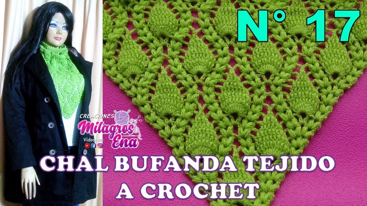 Chal Bufanda N° 17 tejido a crochet en punto espiga y hojas en relieves en forma triangular o en V