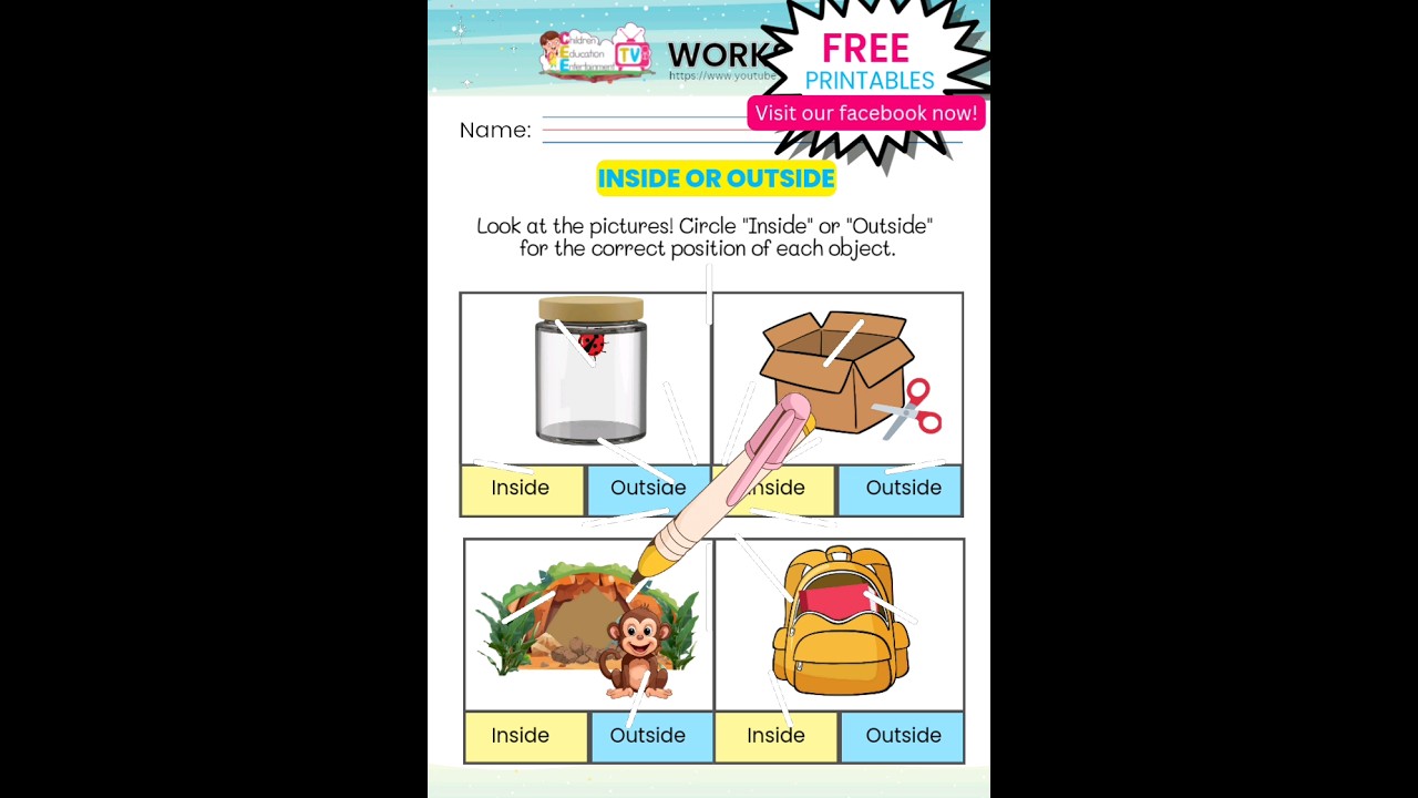 FREE PRINTABLE WORKSHEETS. Inside and Outside . #CeeTVKids #FreeWorksheets #KidsActivityIdeas