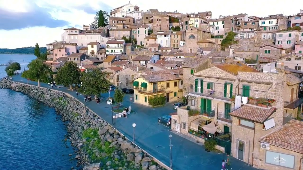 Anguillara Sabazia & Lake Bracciano From Above - Charming Italian Town Near Rome. Relaxing Video 4K 
