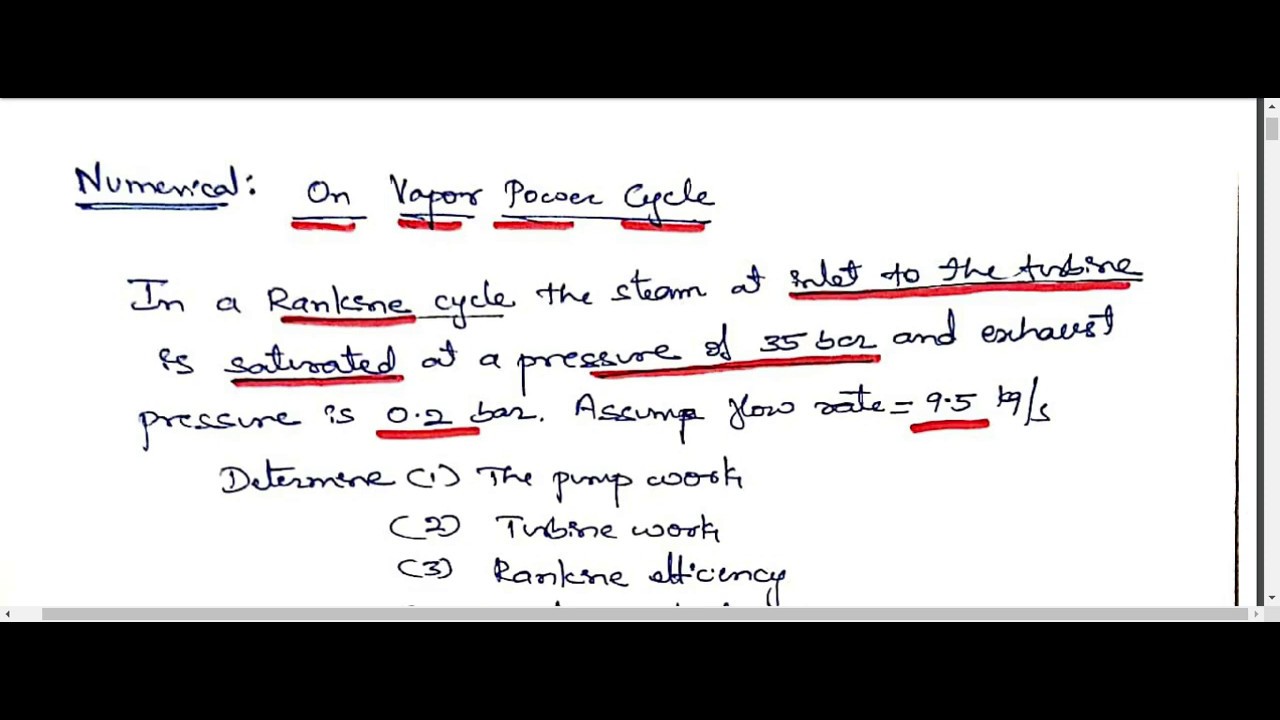 VTU numerical on vapour power cycle. calculate pump work, turbine work and Rankine efficiency.