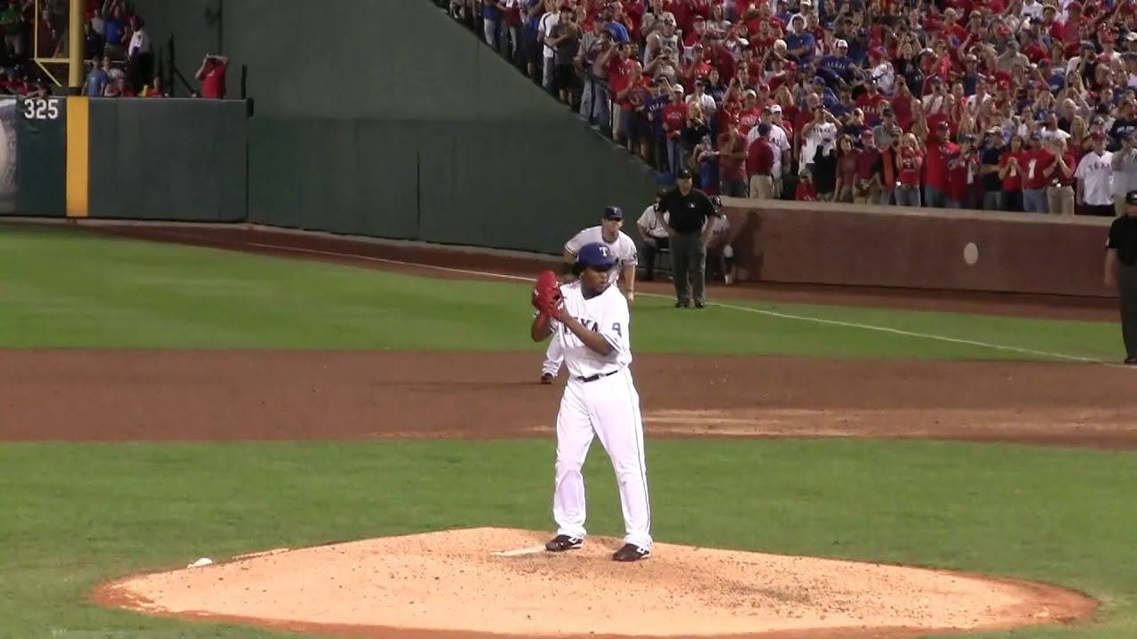 Texas Rangers Neftali Feliz throws another pitch to A Roid Game 6 2010 ALCS