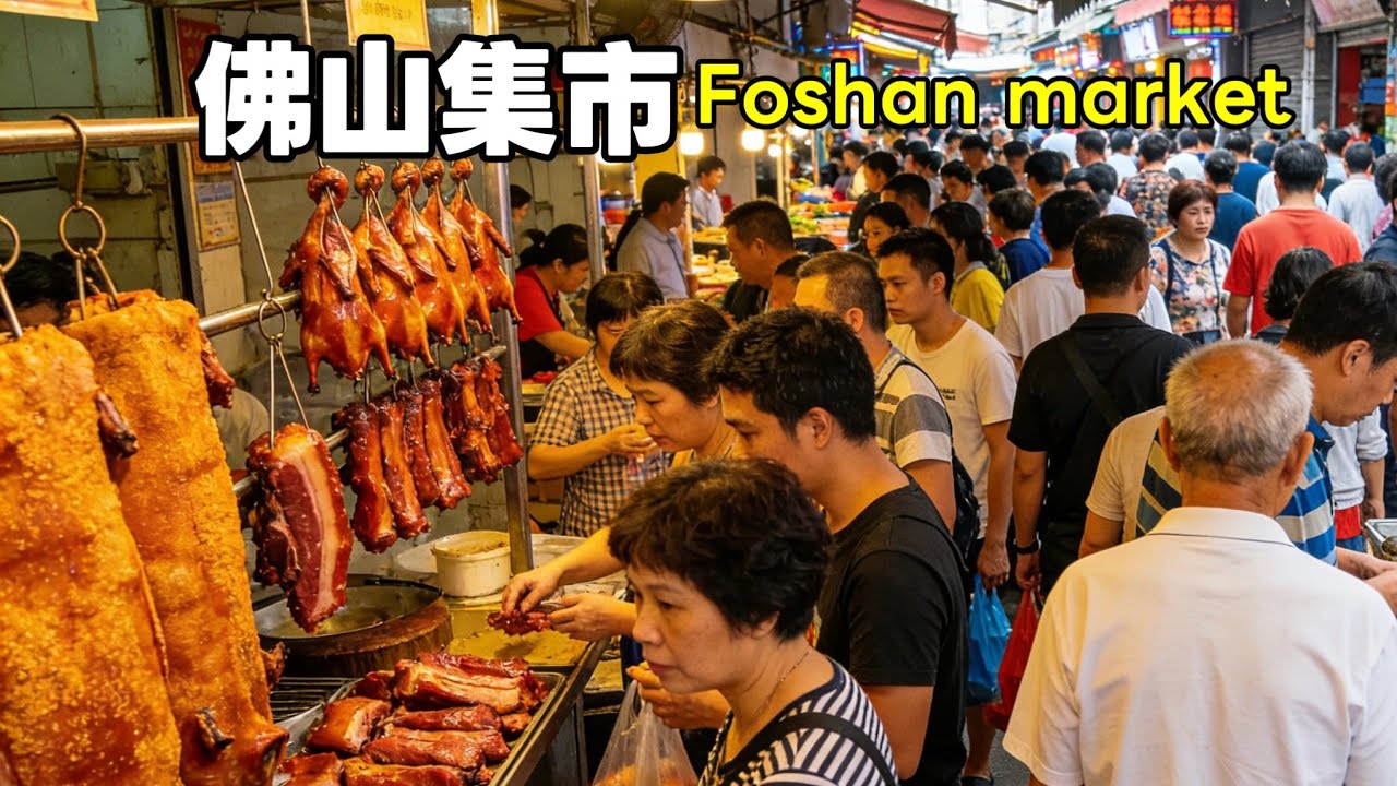 廣東佛山傳統集市！燒豬等燒臘很受當地人喜愛！大鰐魚現宰現賣，引得眾人圍觀購買！老鼠竟成為了菜餚，廣東人真敢吃！各種雞鴨等活禽跟各種貓狗等寵物都有售賣！牛雜，魚餅等小吃十分誘人！一個很有地方特色的集市！