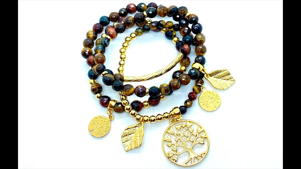 Masterclass - Especial de otoño - set de pulsera con ojo de tigre y dijes de hoja y arbol