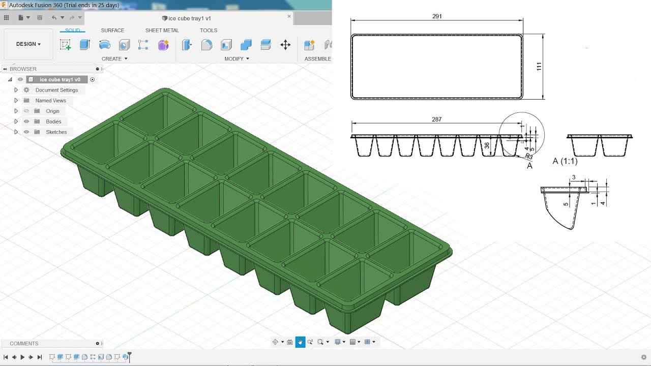 Autodesk fusion 360 tutorial ice cube tray with drawing