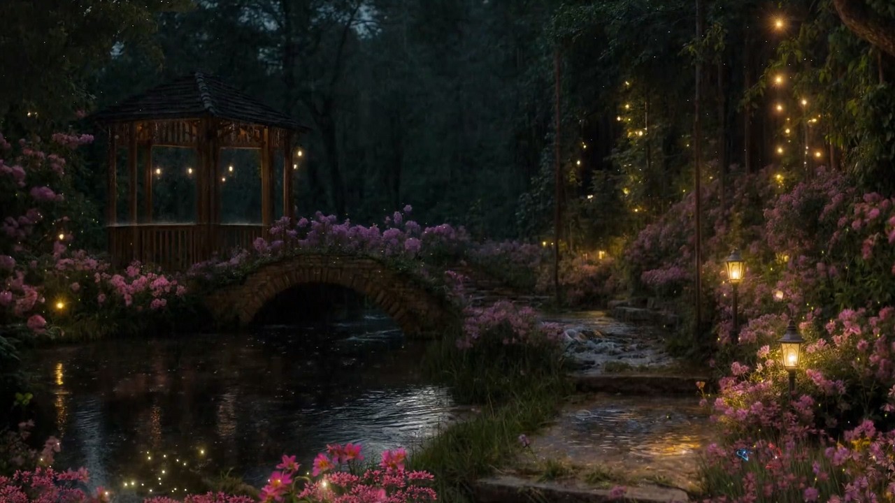 🌿 Whispering Creek Beside a Cozy Rain Pavilion | Steady Rain for Study & Focus