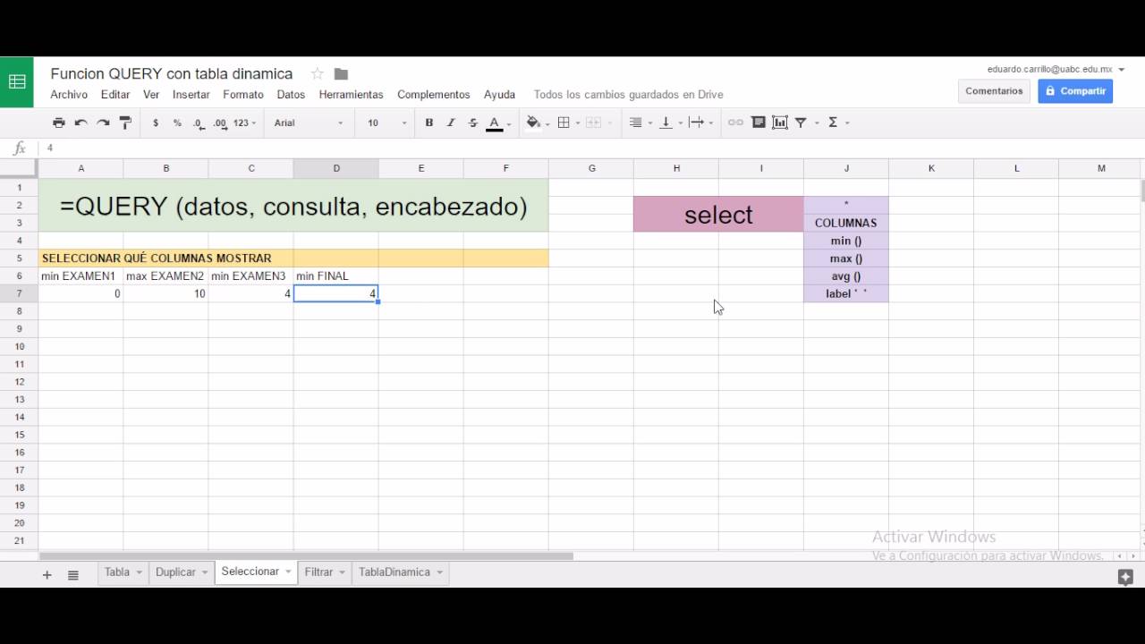 Google Sheets : QUERY select