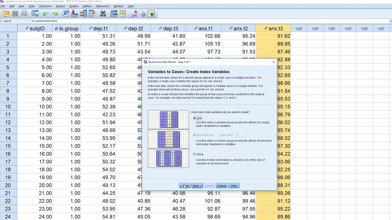 Реструктуризация продольных данных в SPSS из широкого формата в длинный (июль 2019 г.)