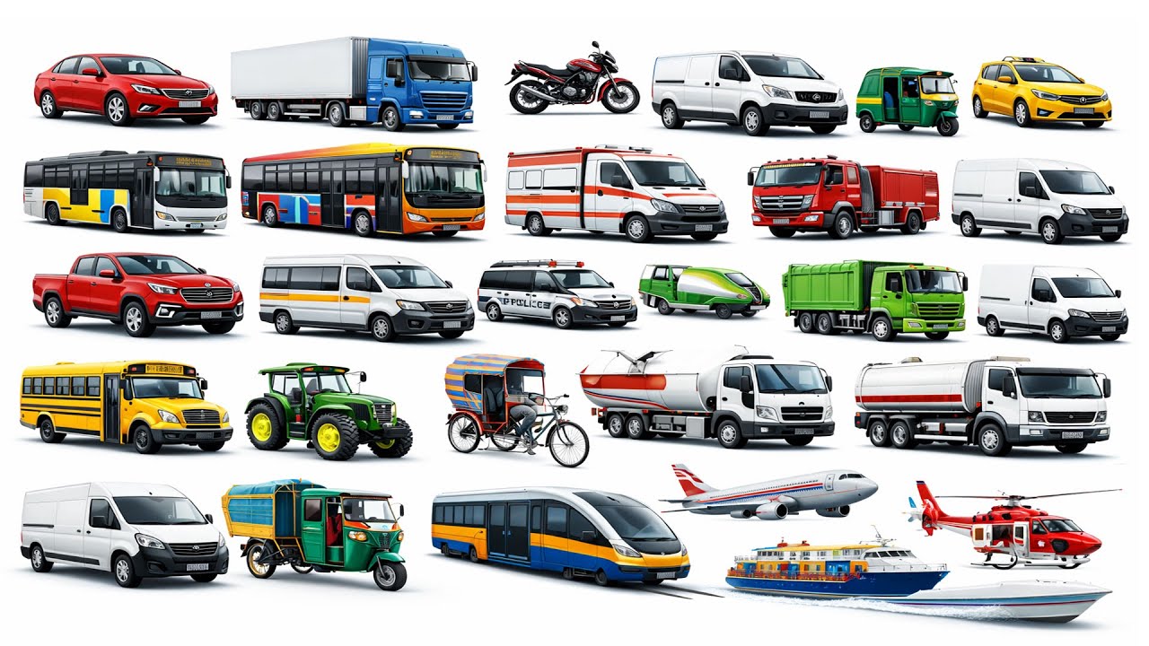 Vehicle Names in English  Types of Vehicles  Mode of Transport for kids  Vehicles Vocabulary | Learn
