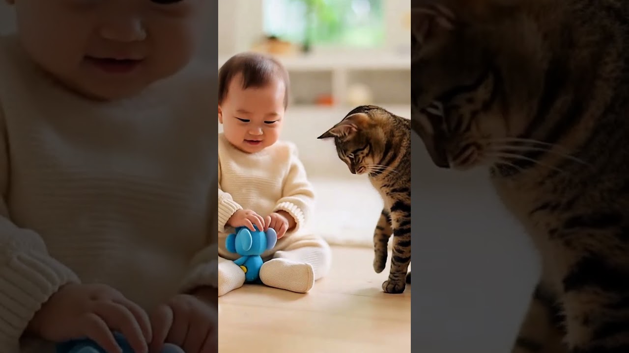 赤ちゃんとキジトラ猫