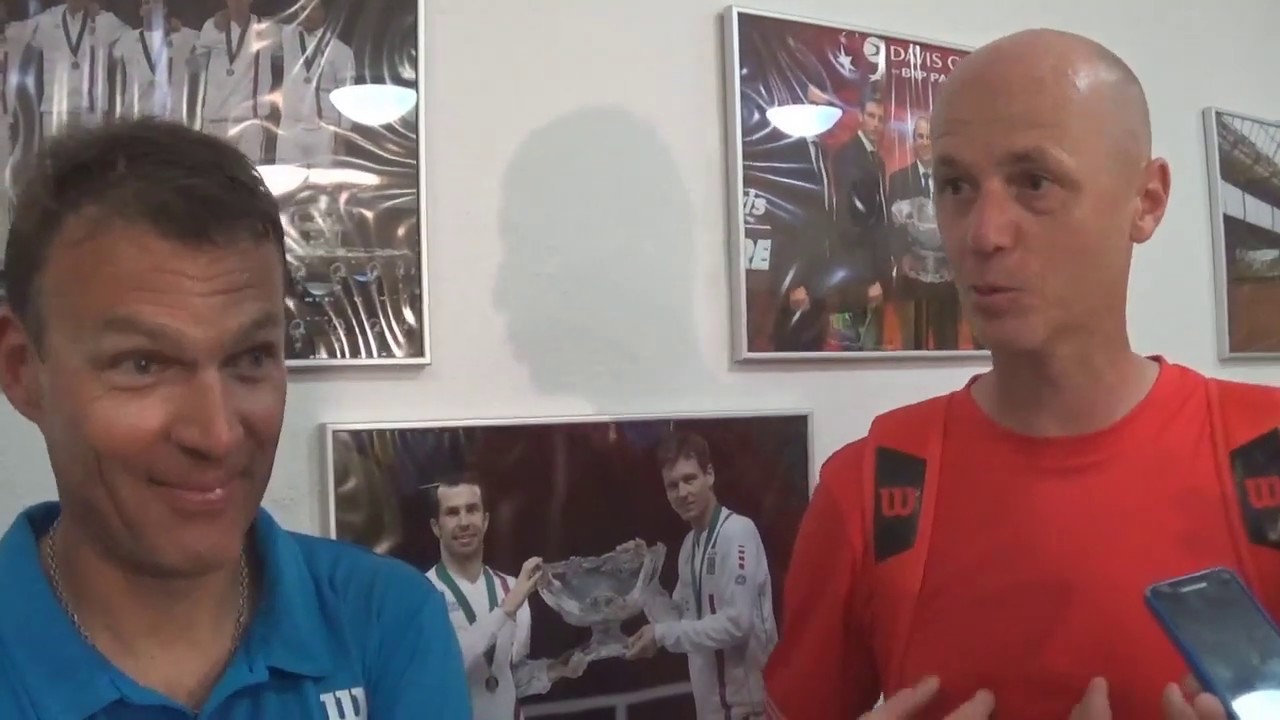 Petr P&aacute;la, Pavel V&iacute;zner a Ctislav Doseděl po exhibičn&iacute;m utk&aacute;n&iacute; na Moneta Czech Open 2019