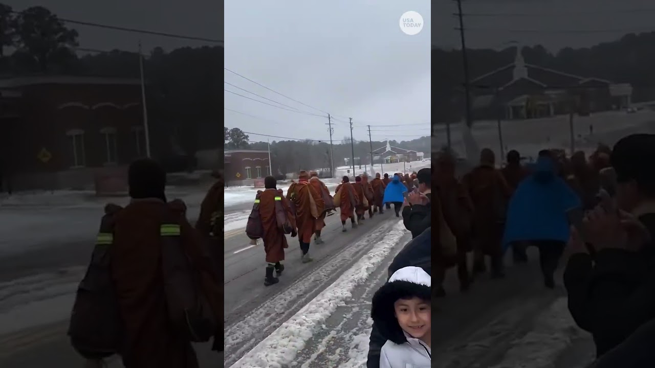 Buddhist monks continue 'Walk for Peace' despite winter storm