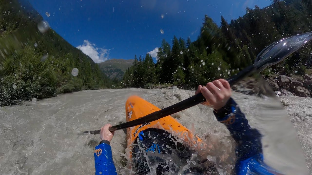 Kayaking down an alpine river at flood stage - Raw GoPro Max