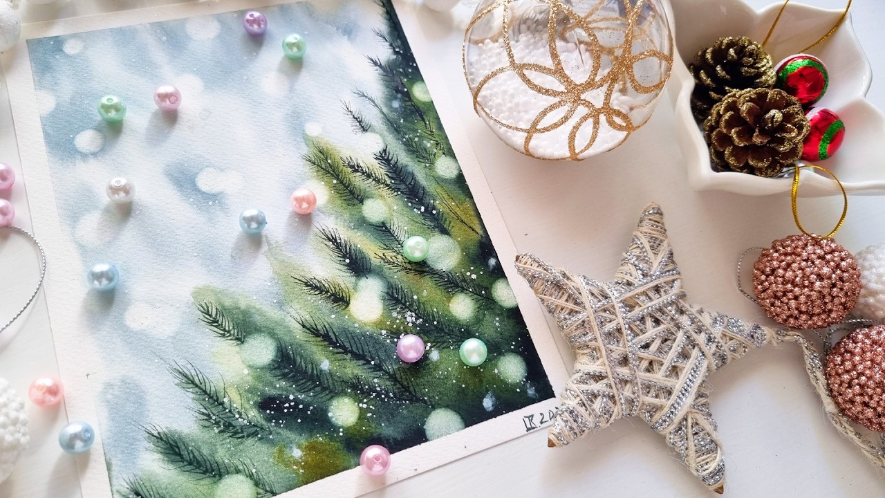 Painting Christmas Tree with Bokeh Effect Watercolor - Amazing Holiday cards idea