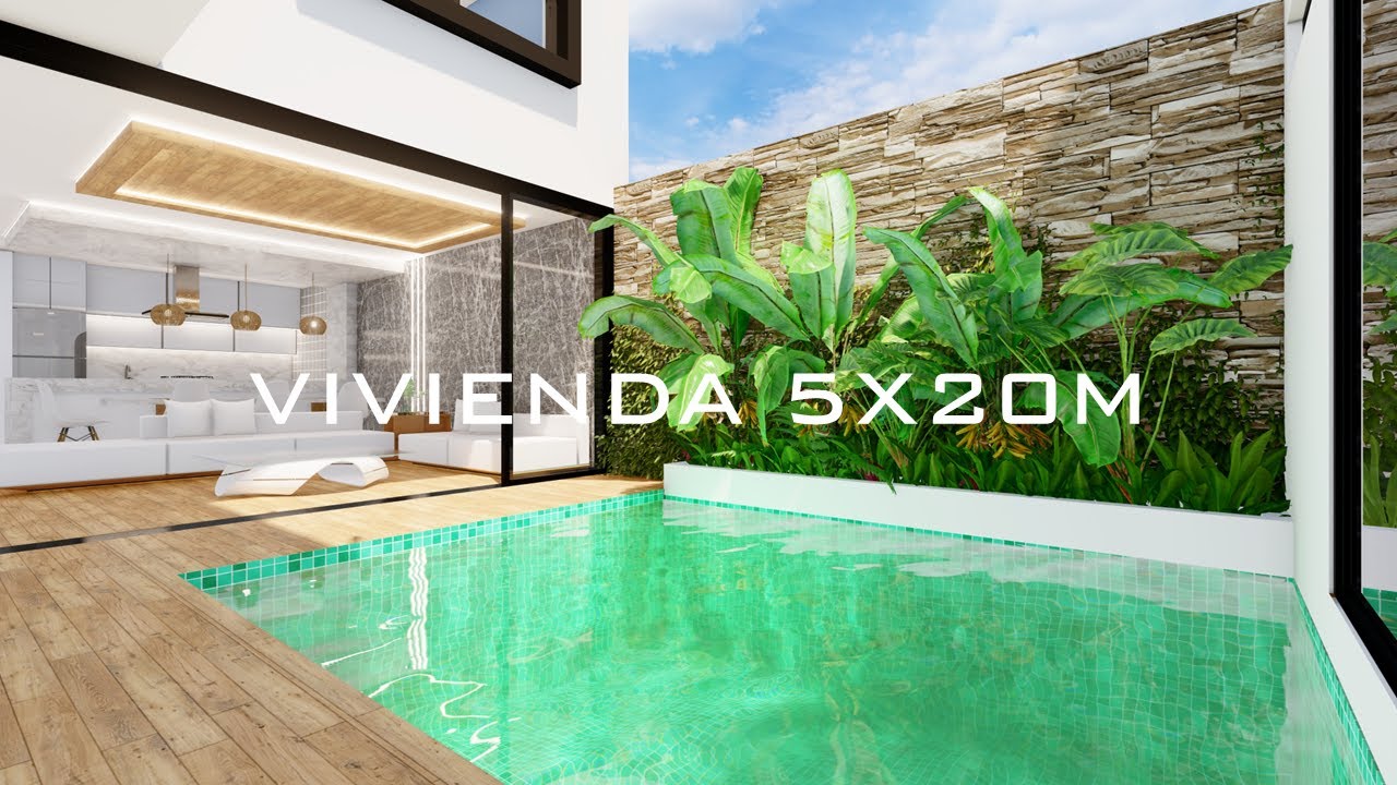 VIVIENDA DE 5X20 | 3D GRATIS |  3 Dormitorios, piscina.