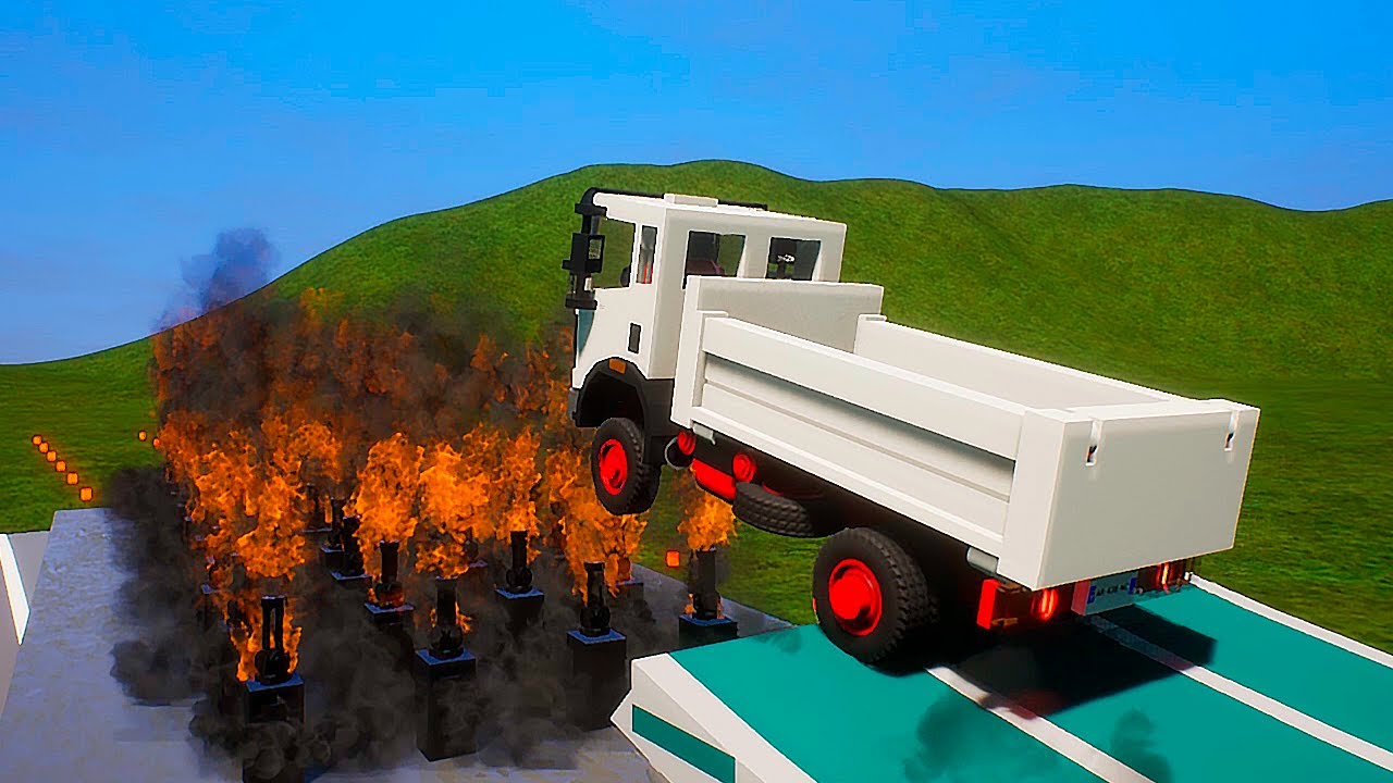 Lego Cars Jumping through Upgrade Fire Gun Wall | Brick Rigs