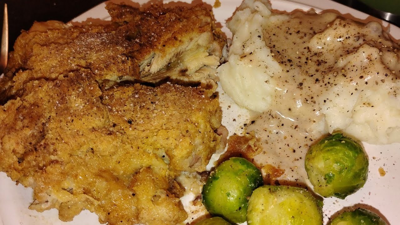 Fried Chicken Bake with Gravy, Corn ,and Brussel Sprouts 