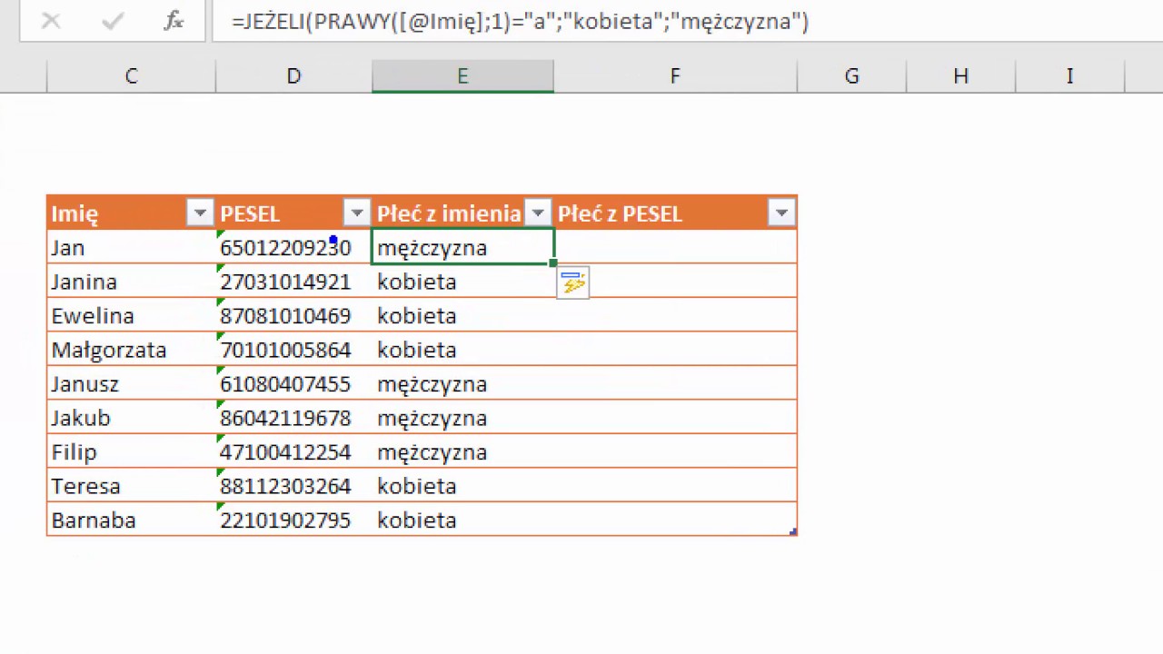 Excel rozpozna TWOJĄ płeć! JEŻELI, FRAGMENT.TEKSTU, PRAWY, CZY.PARZYSTE
