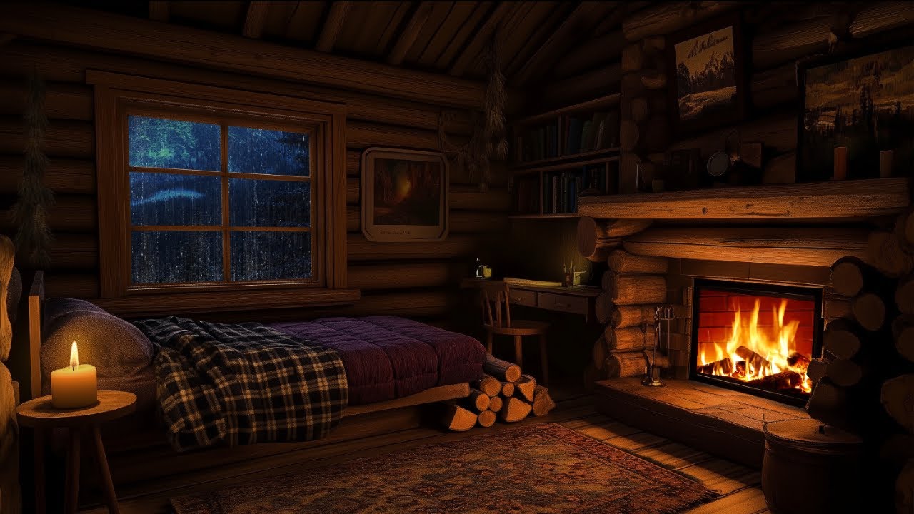 Cozy Rainy Night in a Rustic Cabin &ndash; Fireplace, Books & Warm Ambience