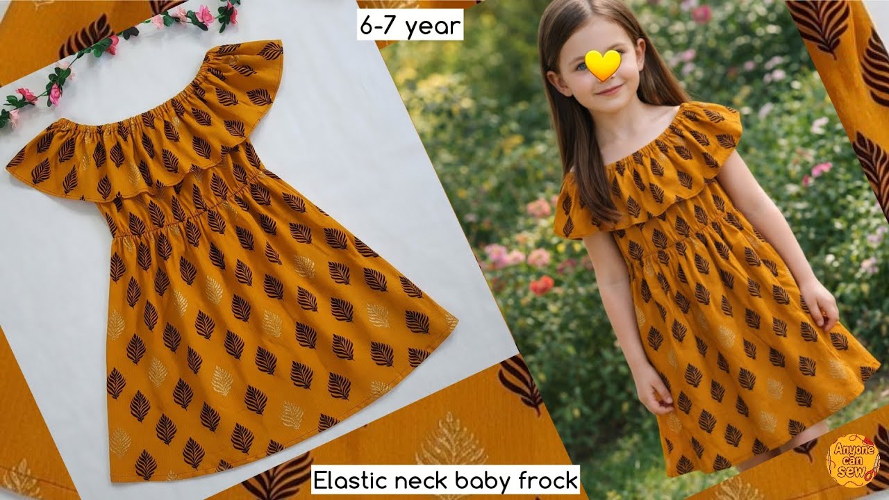 6-7 year elastic neck baby frock cutting and stitching | How to sew an elastic neck baby dress 