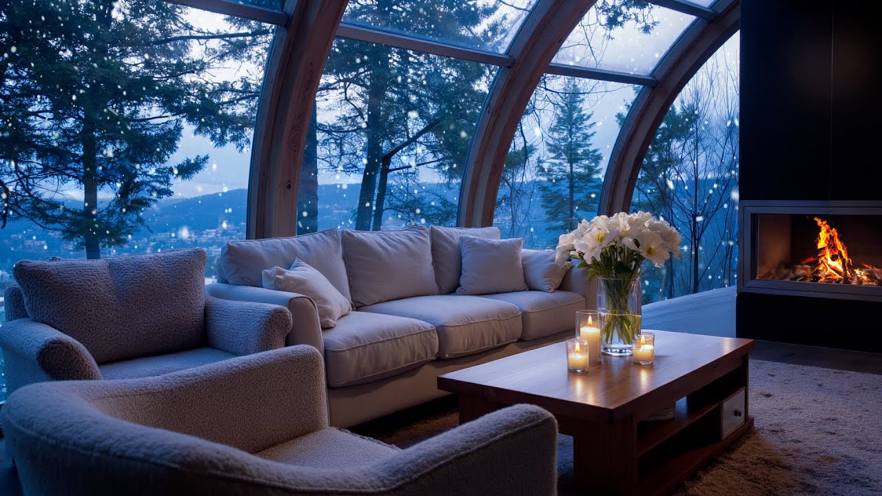 Long Winter Piano Night in a Peaceful White Room 🎹| Snowy Window View, Crackling Fireplace & 5 Hours