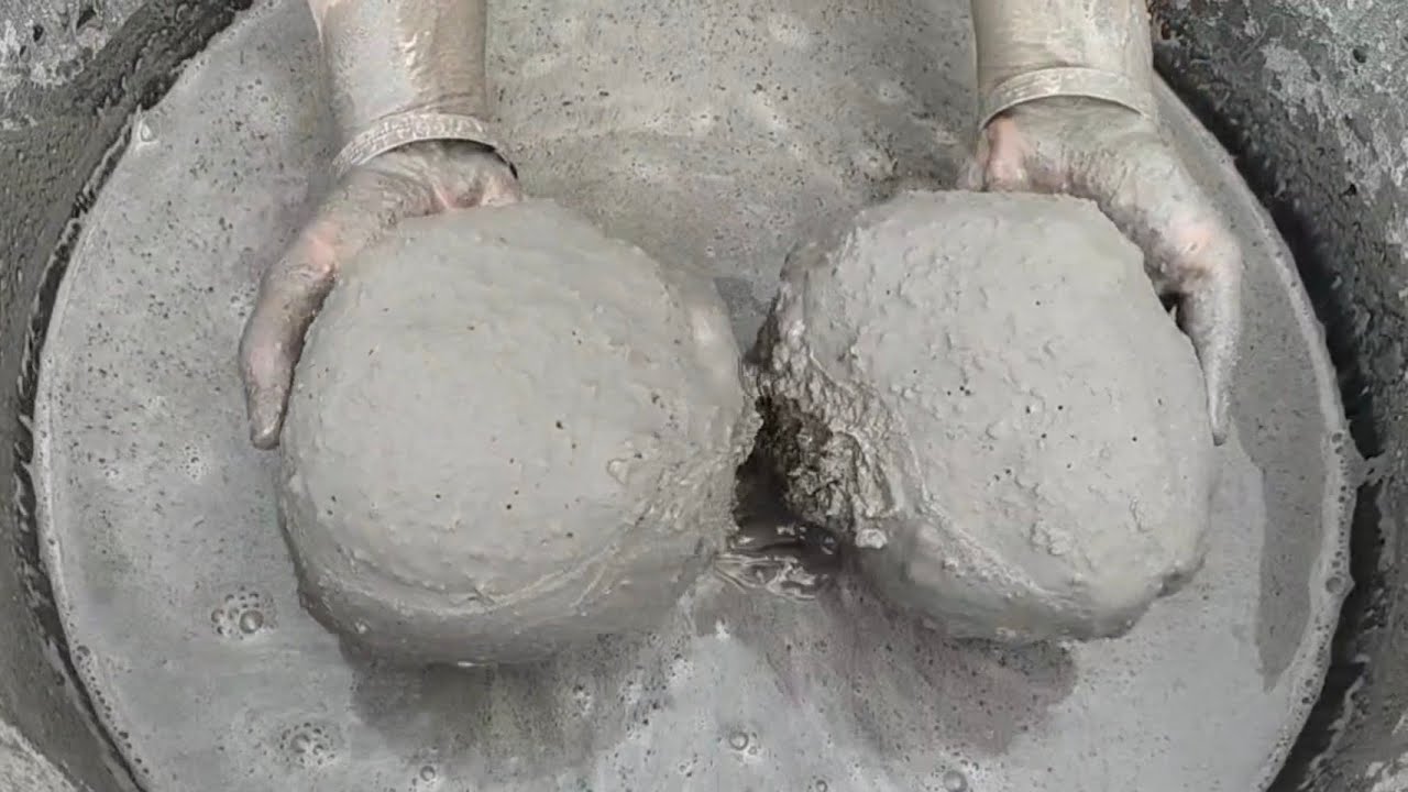 Huge balls⚽ of sand cement+white concrete cement crumbling in lots of water 💦 asasmr