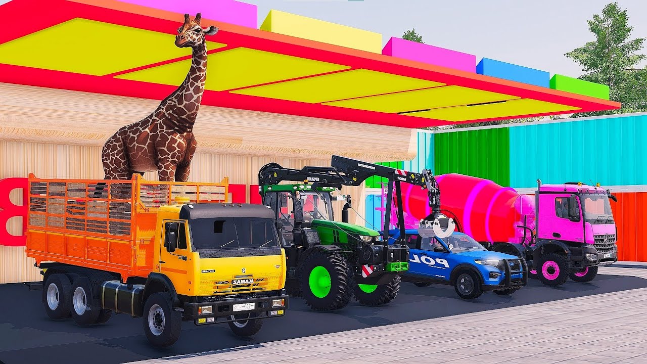 Garage with colors - ALL TRUCK WITH DOBLE FLATBED TRAILER TRUCK, VOLVO, MACK, KAMAZ