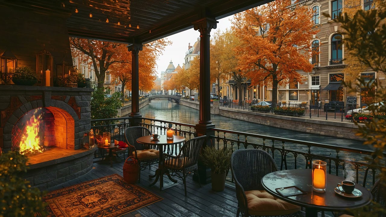 Luxury Riverside Lounge by the Canal  🍂 Crackling Fire Jazz & Golden Hour Vibes | Deep Calm