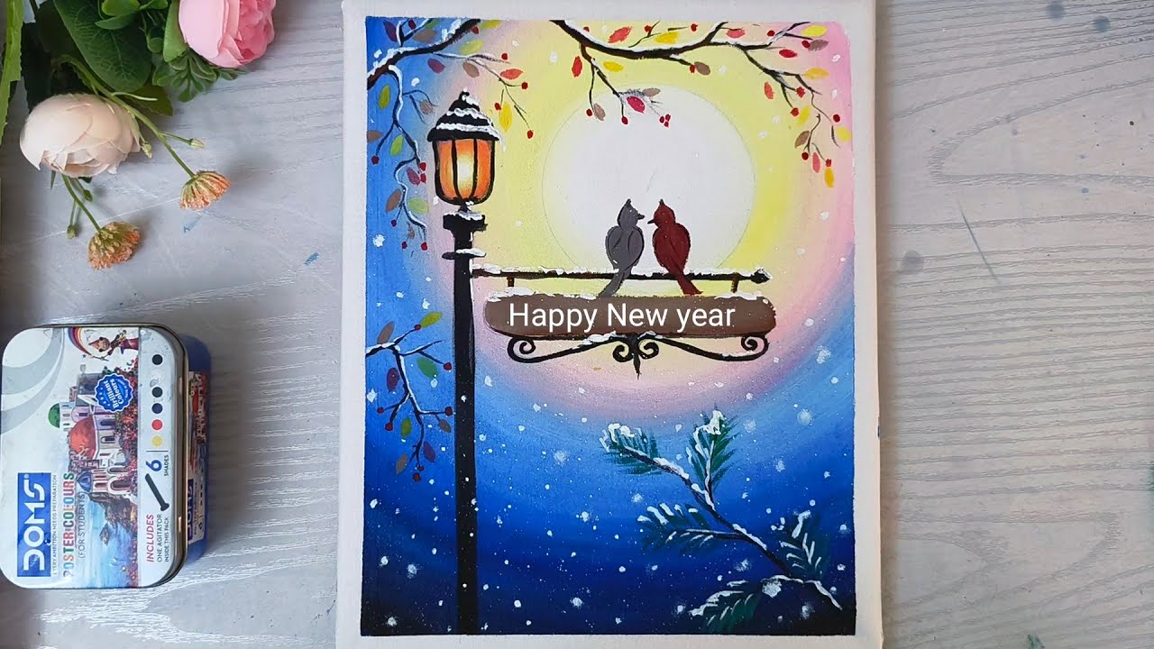 Happy new year 2026 poster painting ideas || easy and beautiful winter new year drawing || 