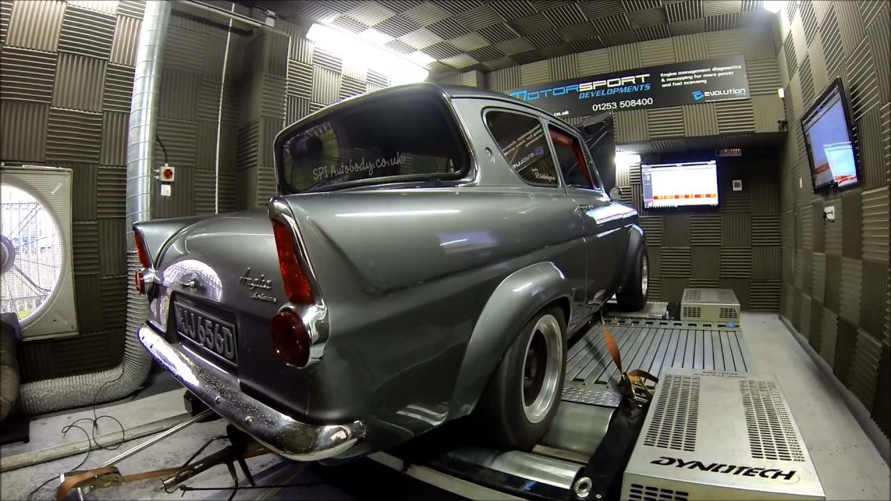 Ford Anglia with Cosworth YB installed On the Dyno at Motorsport Developments In Blackpool