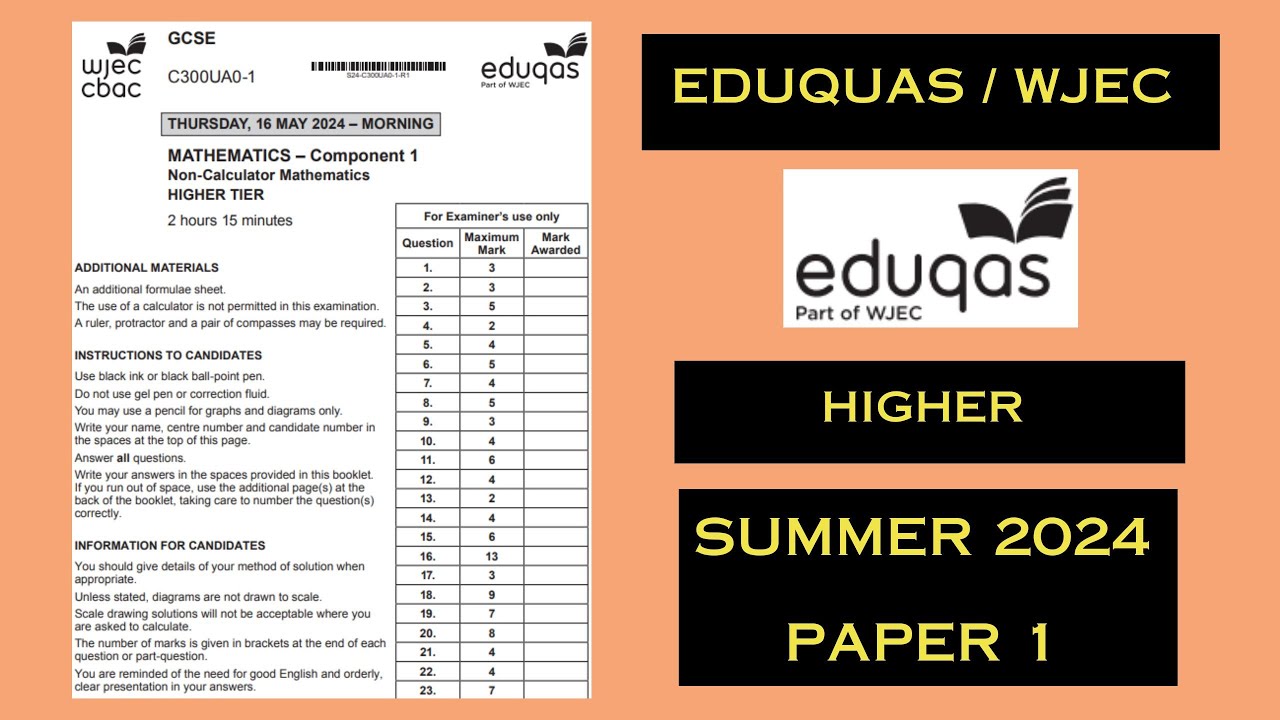 Eduqas (WJEC) GCSE Математика высшего уровня - Лето 2024 - Экзаменационный лист 1 - Разбор / Реше...