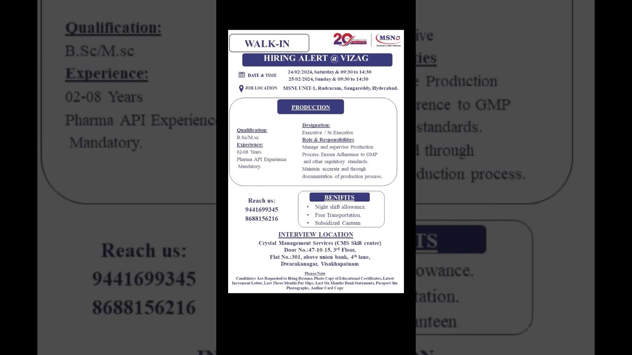 Vizag Jobs  MSN Job location at Hyderabad #vizag #jobs #vizagjobs #visakhapatnam #hyderabad