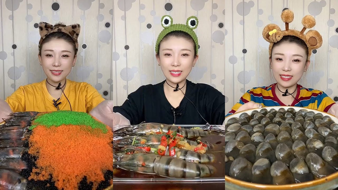 【Mukbang】Fish roe Thai shrimp + marinated black tiger shrimp + snail meat🦐🐟🐚🍋🌶🧄#Seafood#asmr#yummy