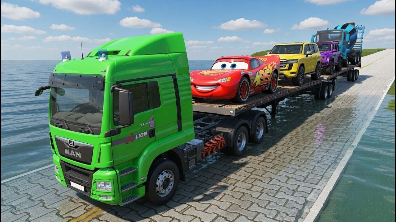 Flatbed Truck vs Giant Pothole Carrying McQueen BeamNG Drive 01