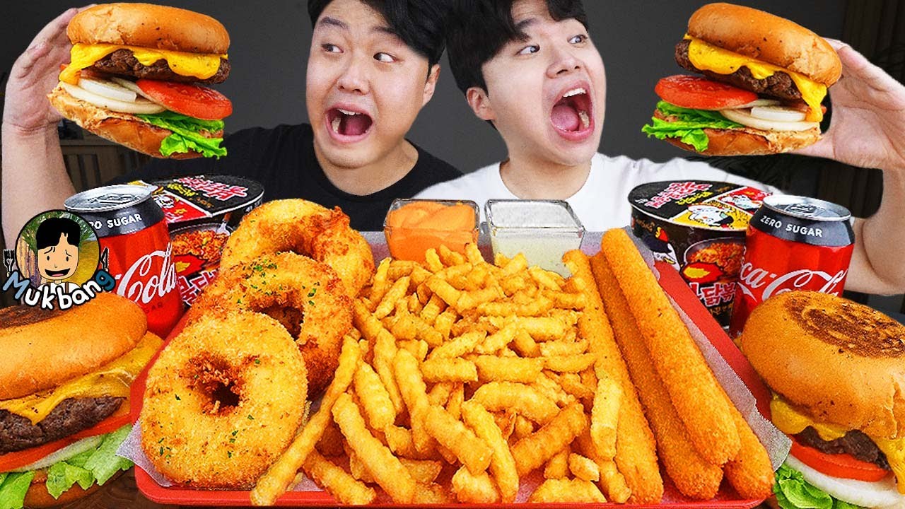 ASMR MUKBANG | гамбургер, Сырная палочка, Огненная лапша, хотдог рецепт блюда принимать пищу