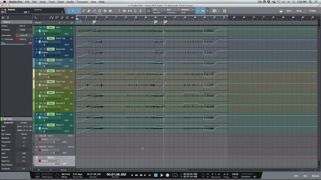 Using VCA Faders To Automate Multiple Tracks In PreSonus Studio One 3.2