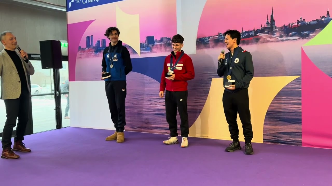 2025 European Championships men free skating small medal ceremony: Britschgi, Memola, Siao Him Fa