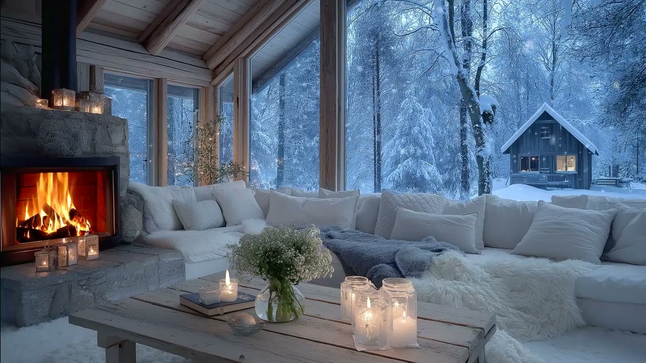 🎹💙Relaxing Lounge Piano Tunes | Winter Fire & Snowfall for 4 Hours | Boost Mood, Focus & Meditation