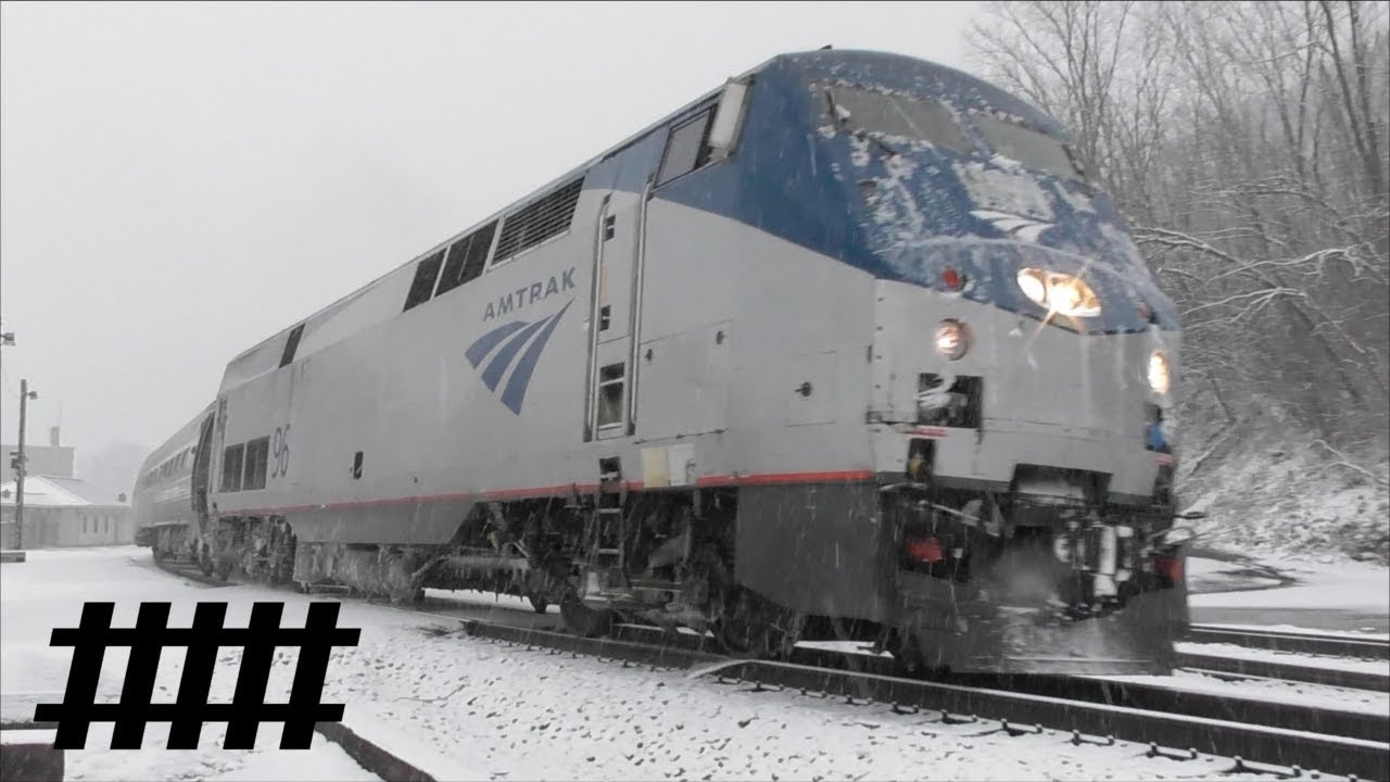 Amtrak in Snow Storm Pennsylvanian Lead by P42DC Genesis 96 Stops at Tyrone Train Station