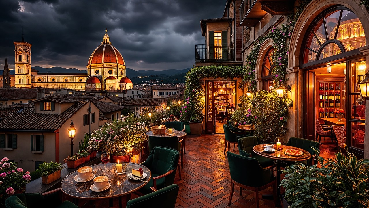 Calm Night Jazz in Florence ☕ Duomo Rooftop Caf&eacute; Ambience & Relaxing Jazz Music for Study & Work