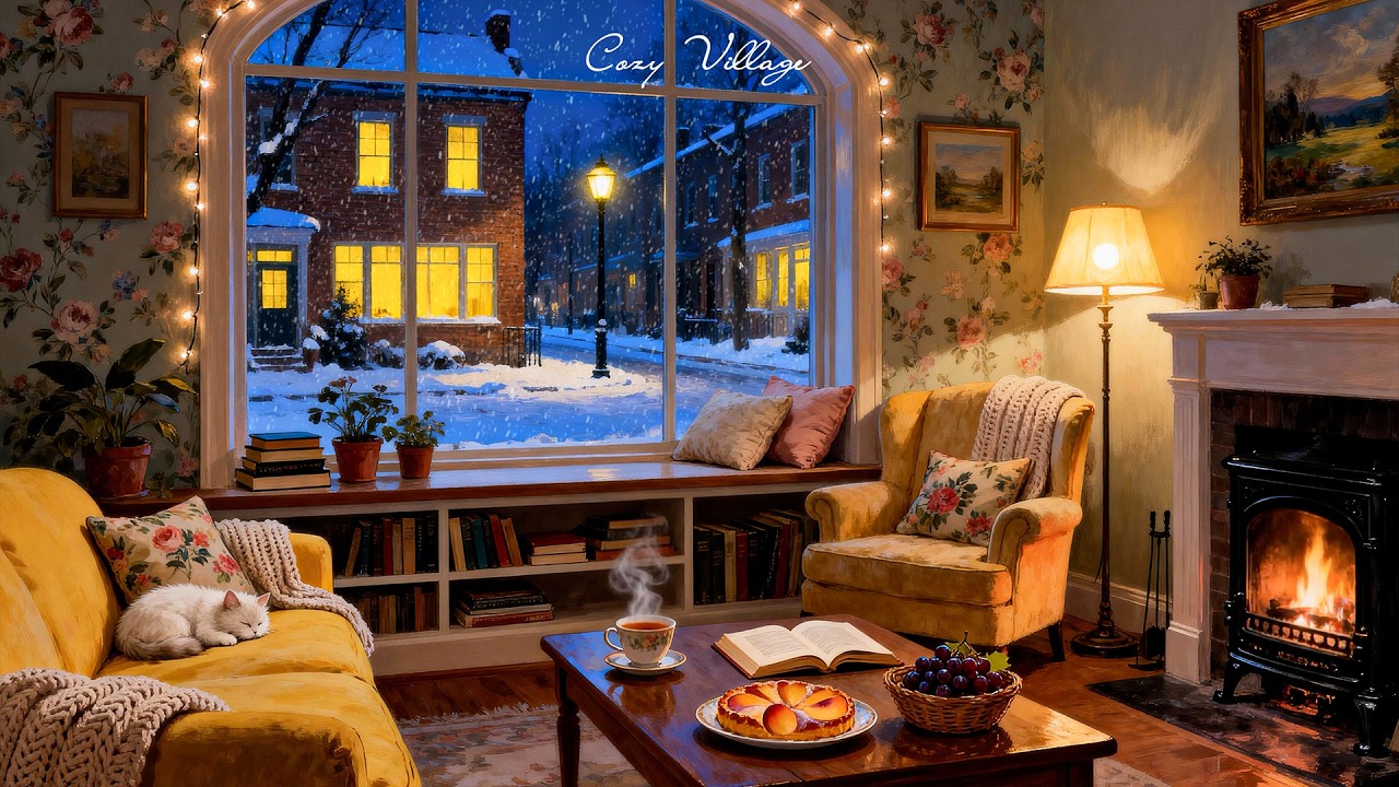 Vintage snowy night jazz 1940s oldies playing in another room to unwind, sleep | Crackling fireplace