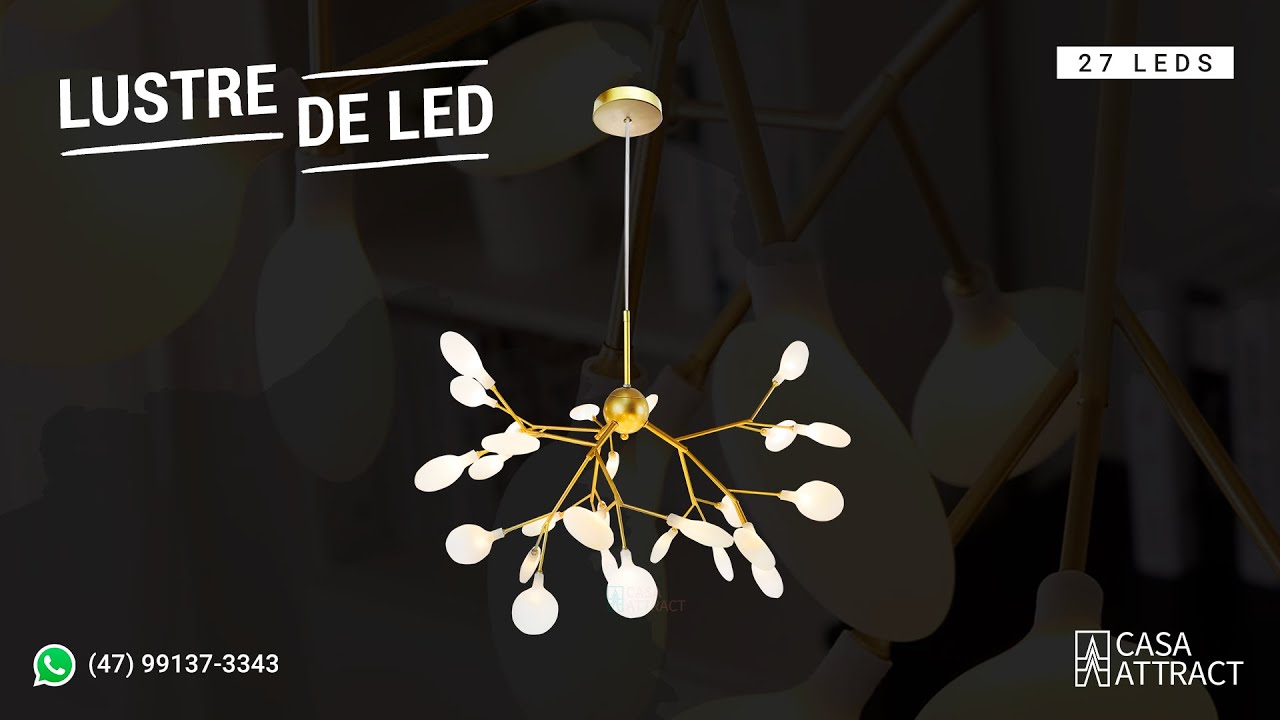 Lustre Moderno de LED 27 Folhas - Dourado 135W - 118x75cm - Branco Quente