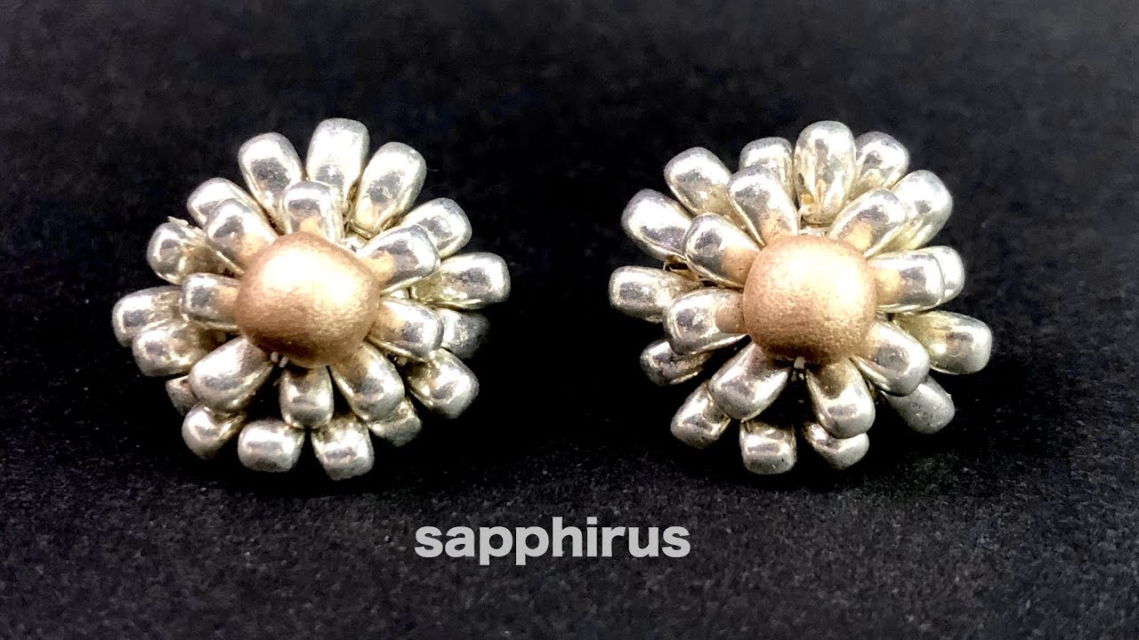 【ビーズステッチ】アンティーク調ロングドロップビーズのフラワーピアス(イヤリング)☆作り方 How to make a beaded flower earrings.