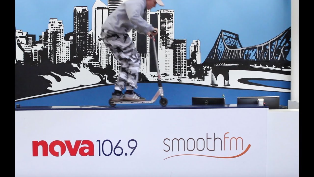Scooter Rider Jack Dauth lets loose in the Nova 106.9 office
