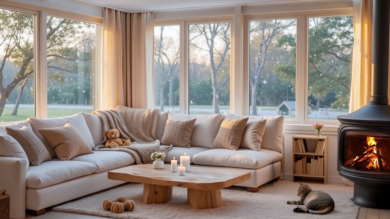 Soft Winter Piano & Fireplace | for Deadline Stress – Cozy Snowy Room