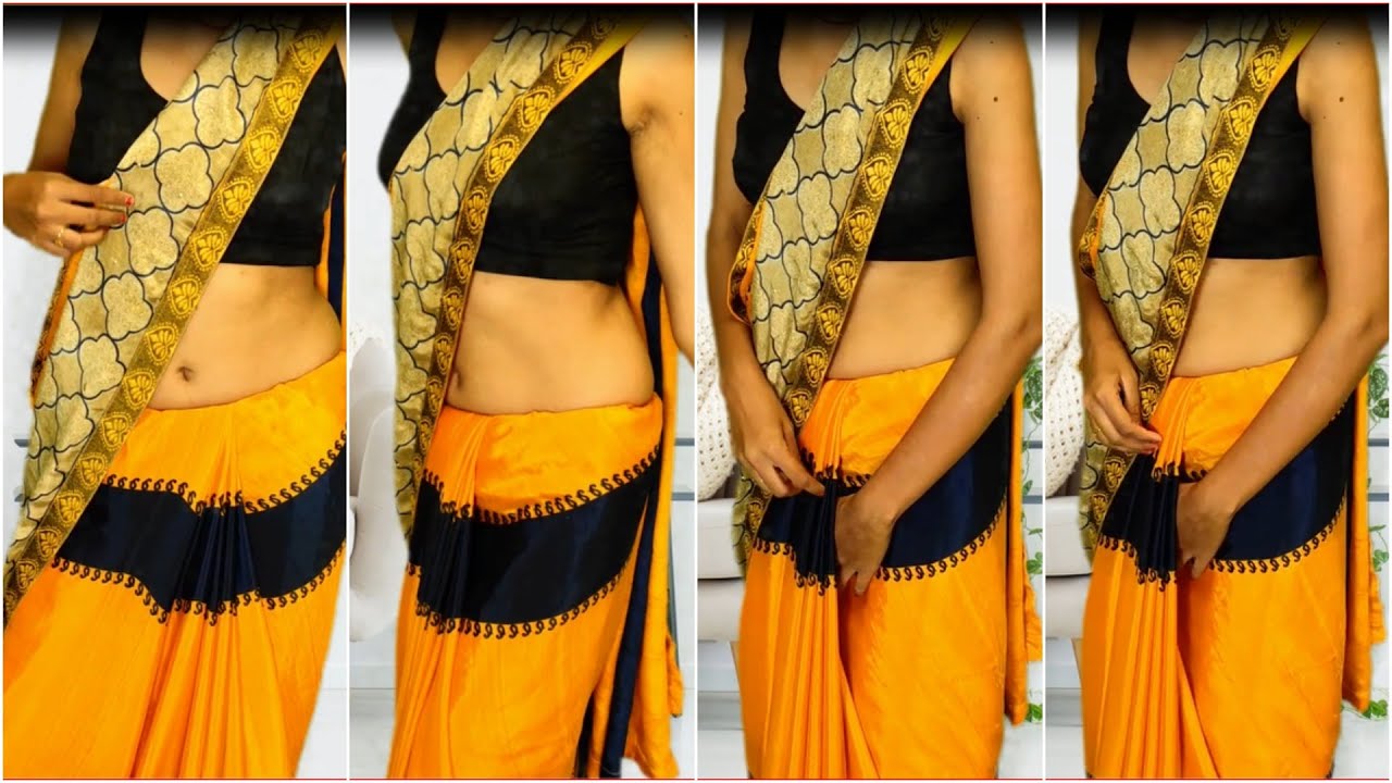 How to Wear Extra Low Waist Saree On Black Mixed Orange Color-2021|Beautic Studio