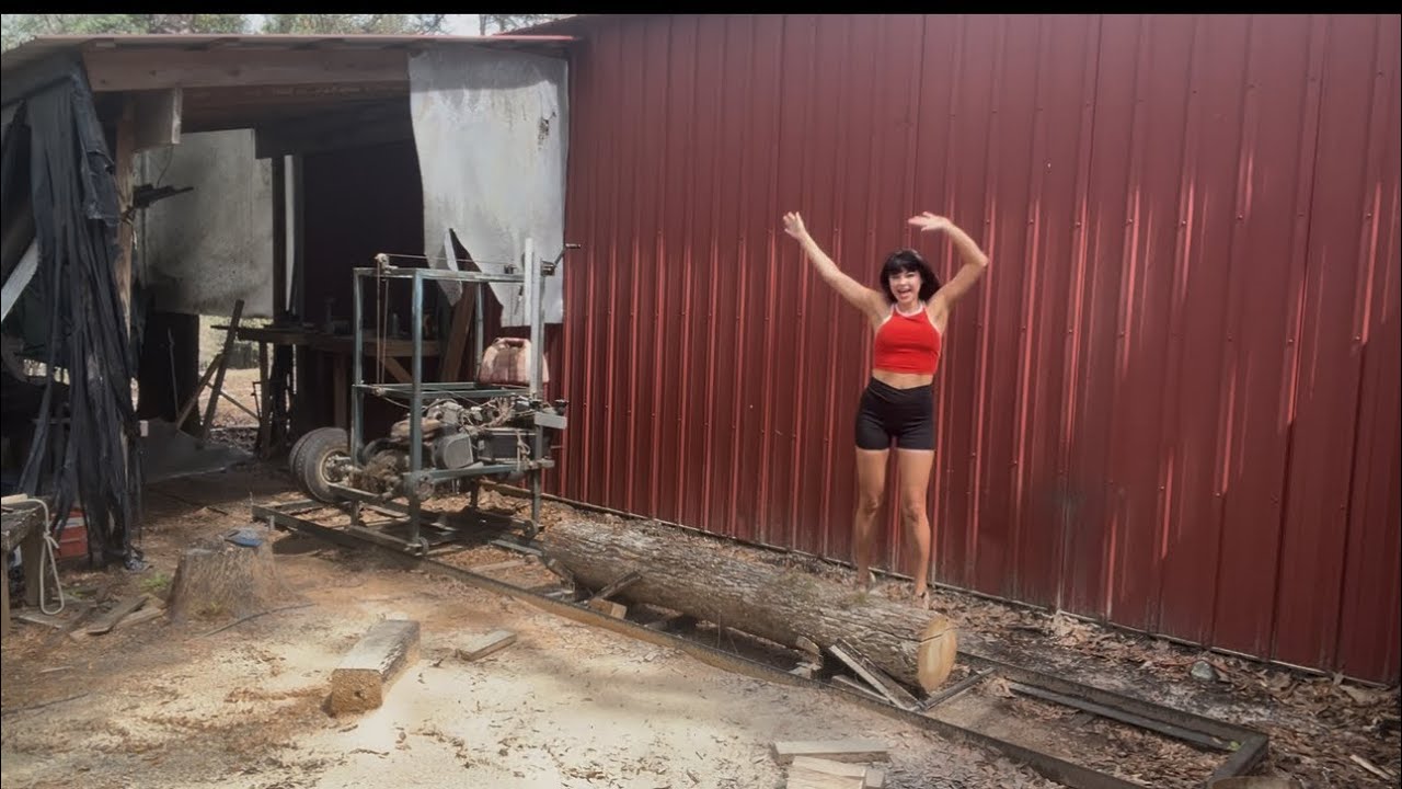 Full log cut on my dad’s homemade sawmill 😅 | First time using it!