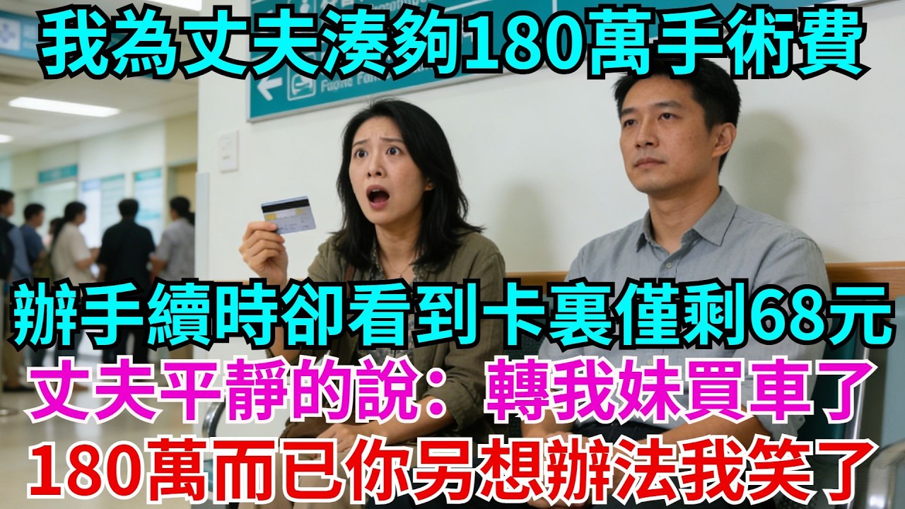 我為丈夫湊夠180萬手術費，辦手續時卻看到卡裏僅剩68元，丈夫平靜的說：轉給我妹買車了，180萬而已，你另想辦法。我一下笑出聲！#手術費#故事#情感#老公